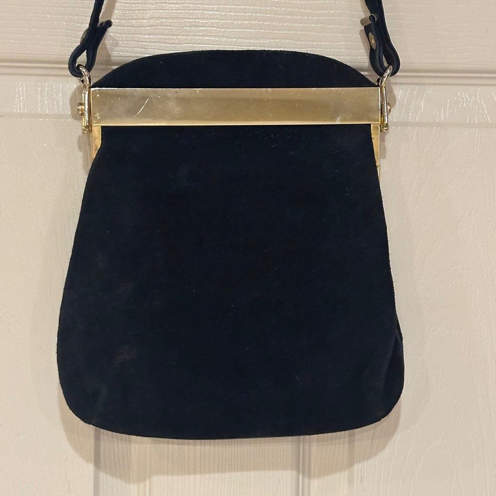 Vintage Black Suede Shoulder Bag Gold Frame Tortoise Accent Kiss Lock Purse